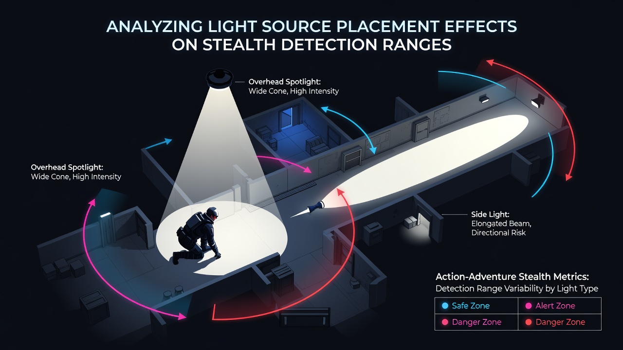 Diagram showing light source placement affecting enemy detection cones in a stealth action-adventure scene