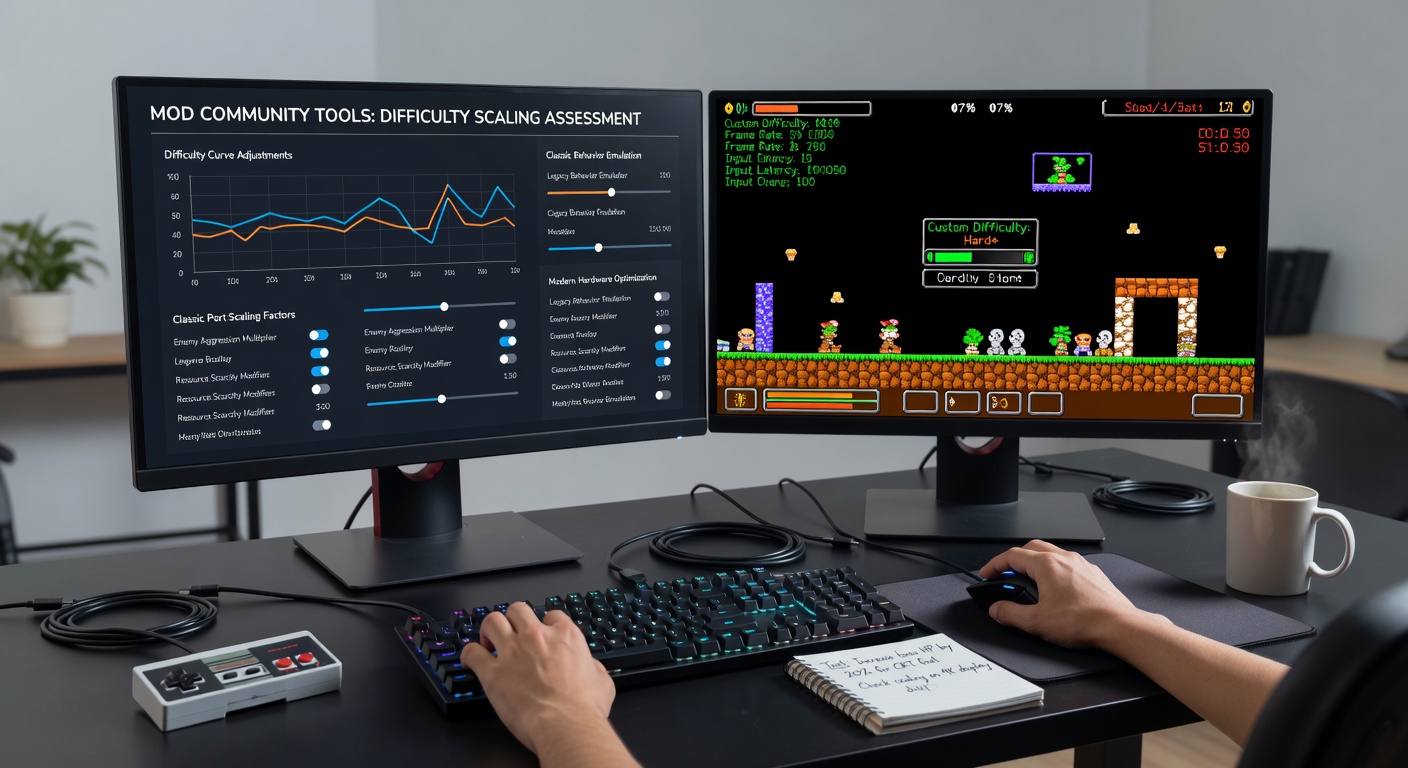 Side-by-side comparison of default and modded difficulty parameters displayed in a PC port of a 1990s console game