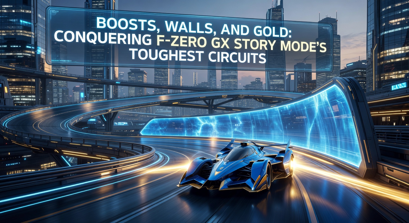 A high-speed F-Zero GX racer executing a precise wall ride on Lightning circuit, sparks flying as boost meters charge