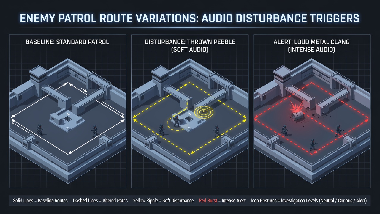 Diagram showing enemy patrol paths shifting in response to wind and machinery sounds in a stealth game level