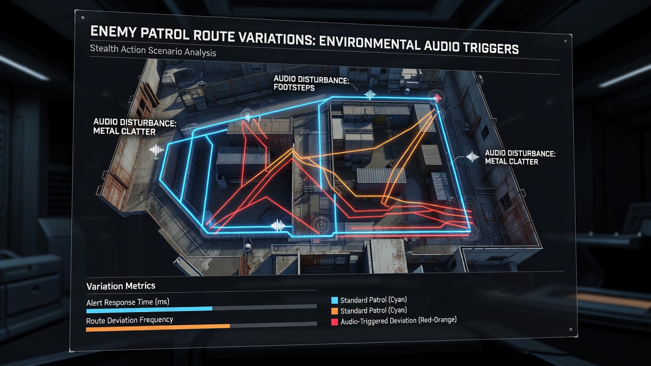 Screenshot of a stealth game level with highlighted patrol route changes due to audio events