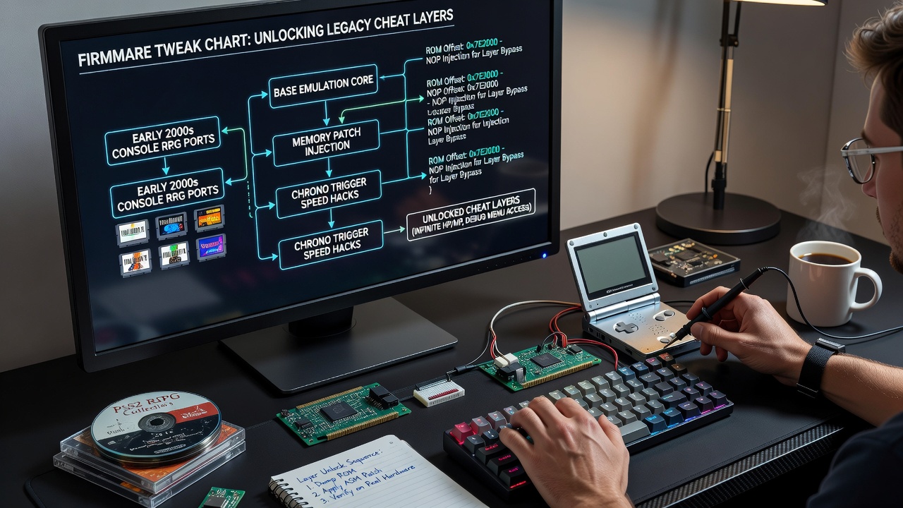 Screenshot of firmware editing interface displaying cheat layer mappings for a 2003 console RPG port