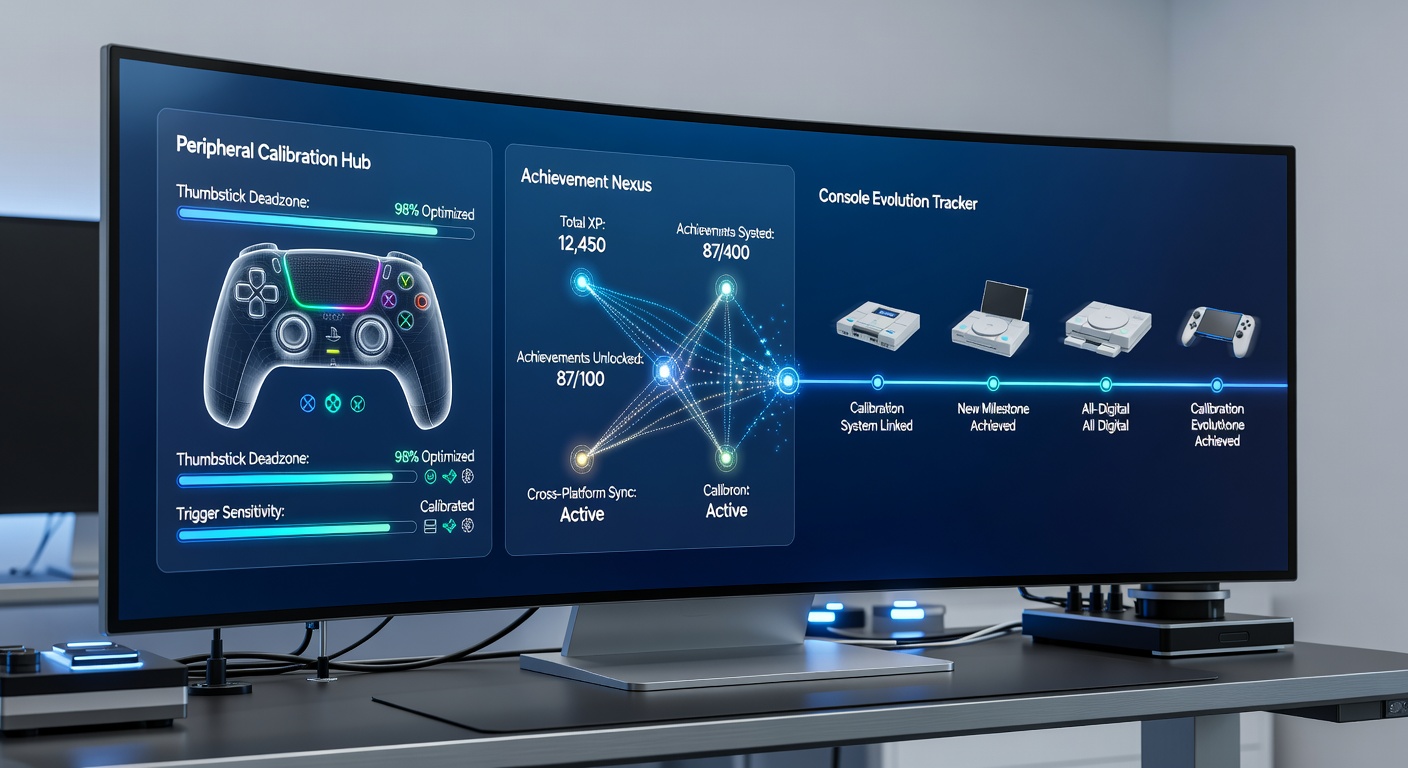 Detailed view of achievement tracking dashboard linked to peripheral calibration metrics on console hardware