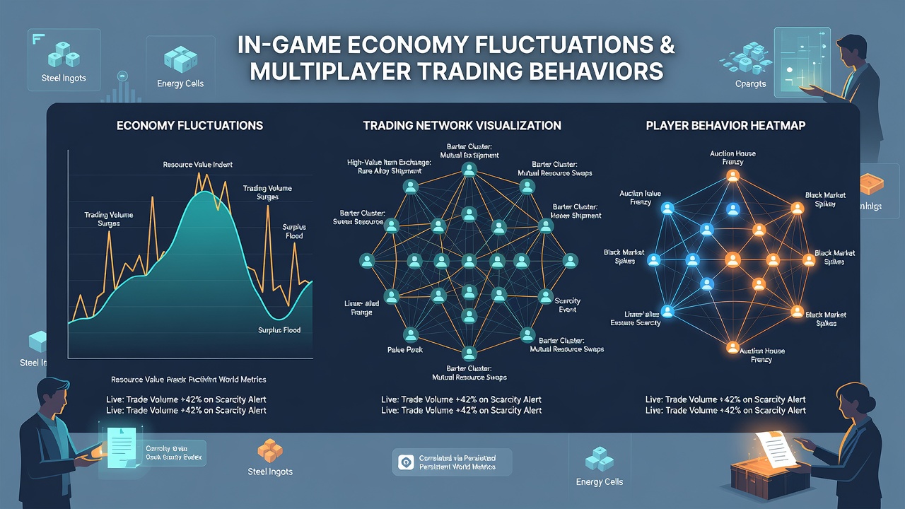 Detailed graph comparing trading volume spikes against currency value changes in a multiplayer simulation environment during peak activity periods