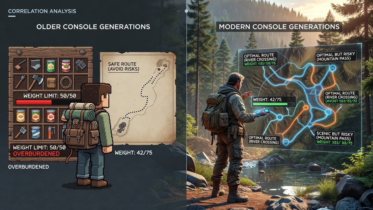 Console hardware evolution showing inventory mechanics in survival exploration games from early to modern generations