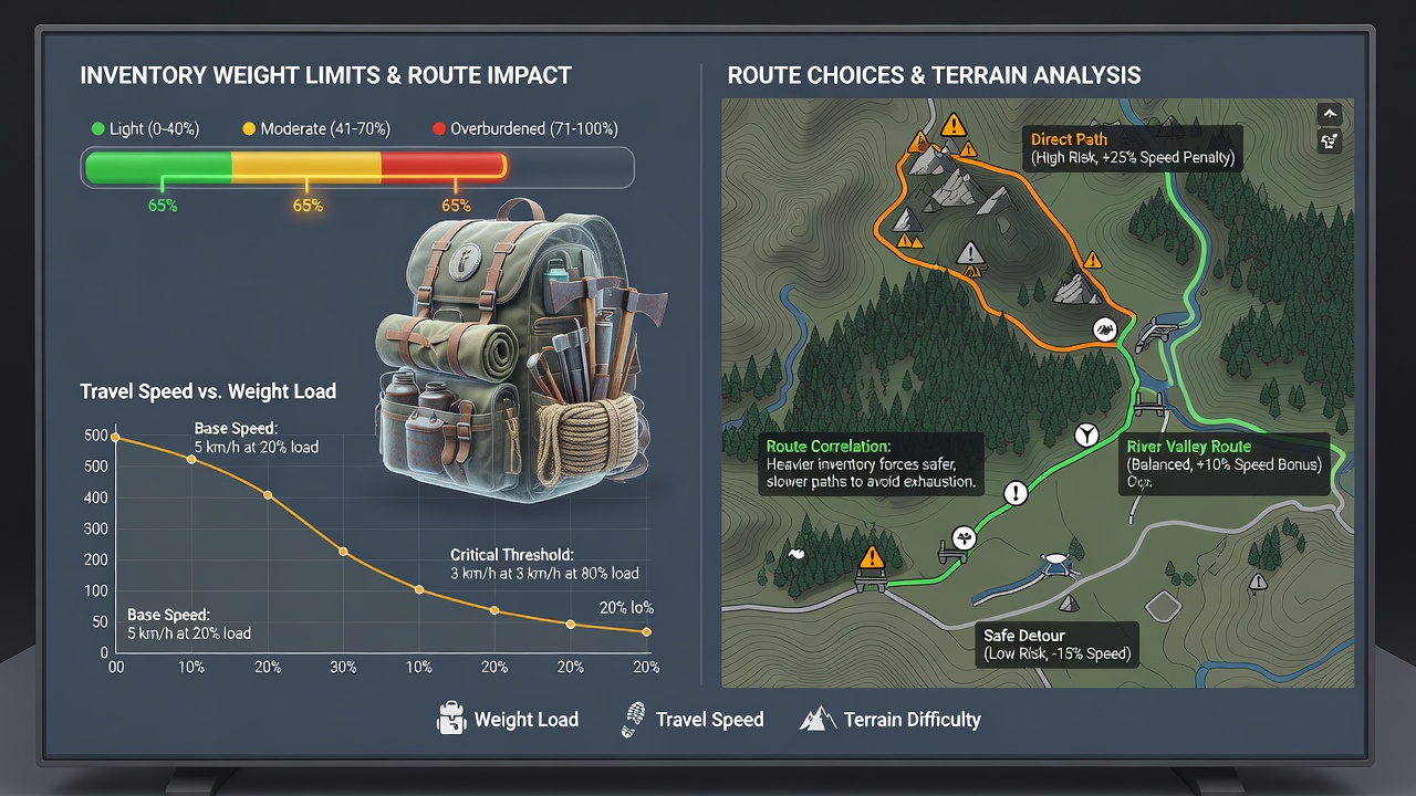 Player navigation paths influenced by inventory weight in open-world survival environments on modern consoles