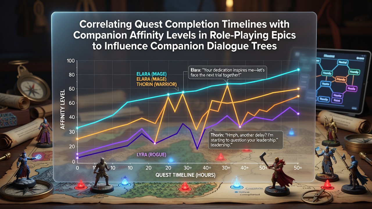Diagram showing quest timeline tracking linked to companion affinity meters in RPG systems
