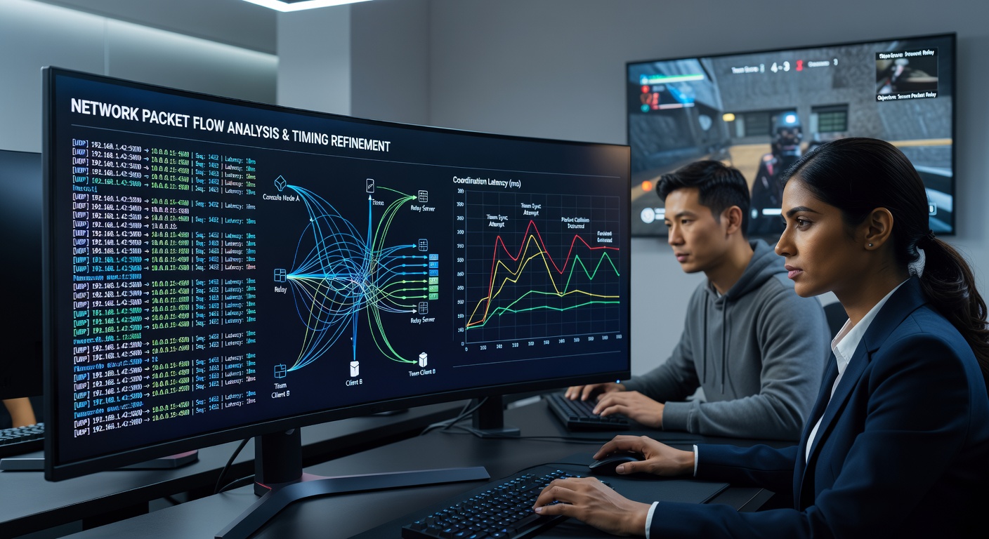 Console network testing setup with packet capture equipment monitoring team encounter synchronization
