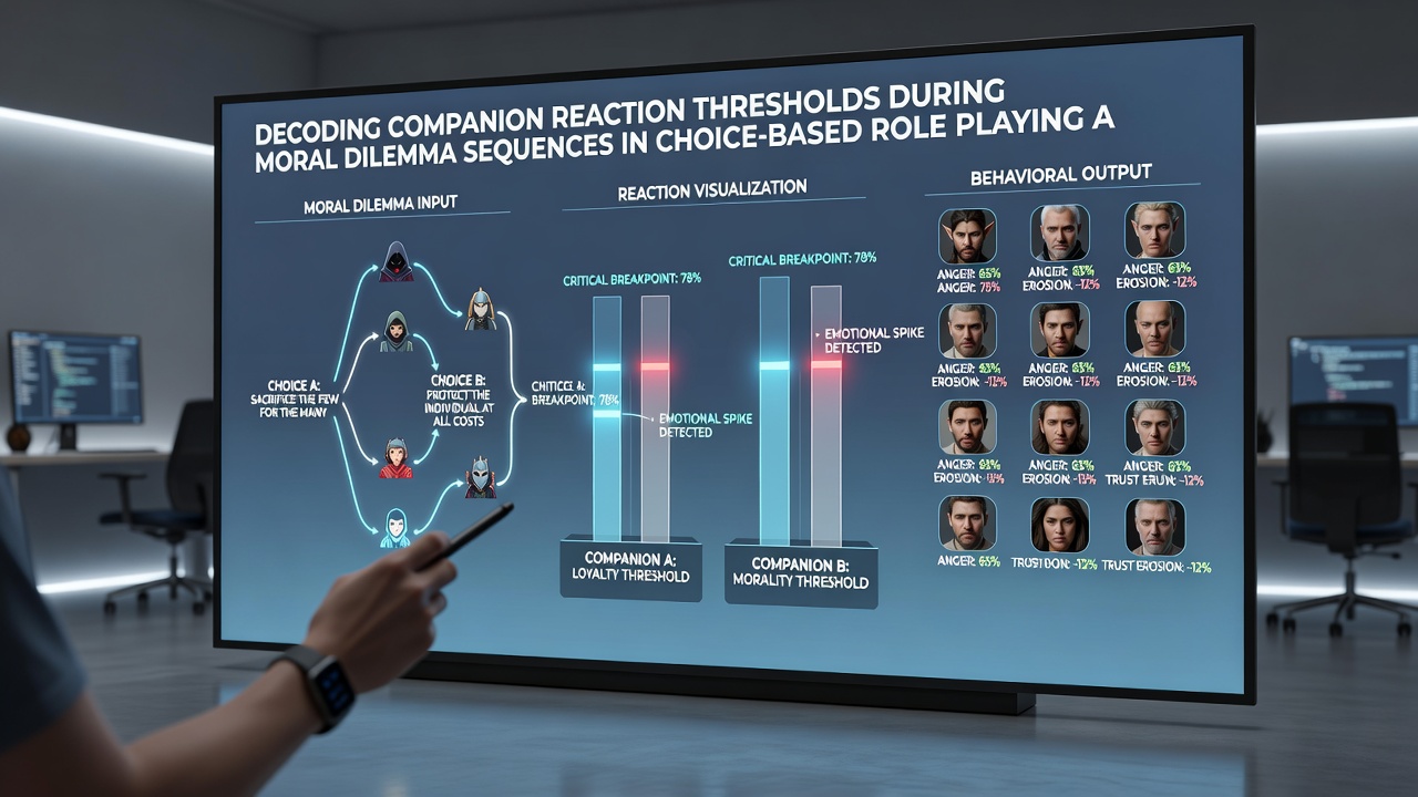Diagram showing approval threshold lines and branching outcomes for multiple companions during a single dilemma event