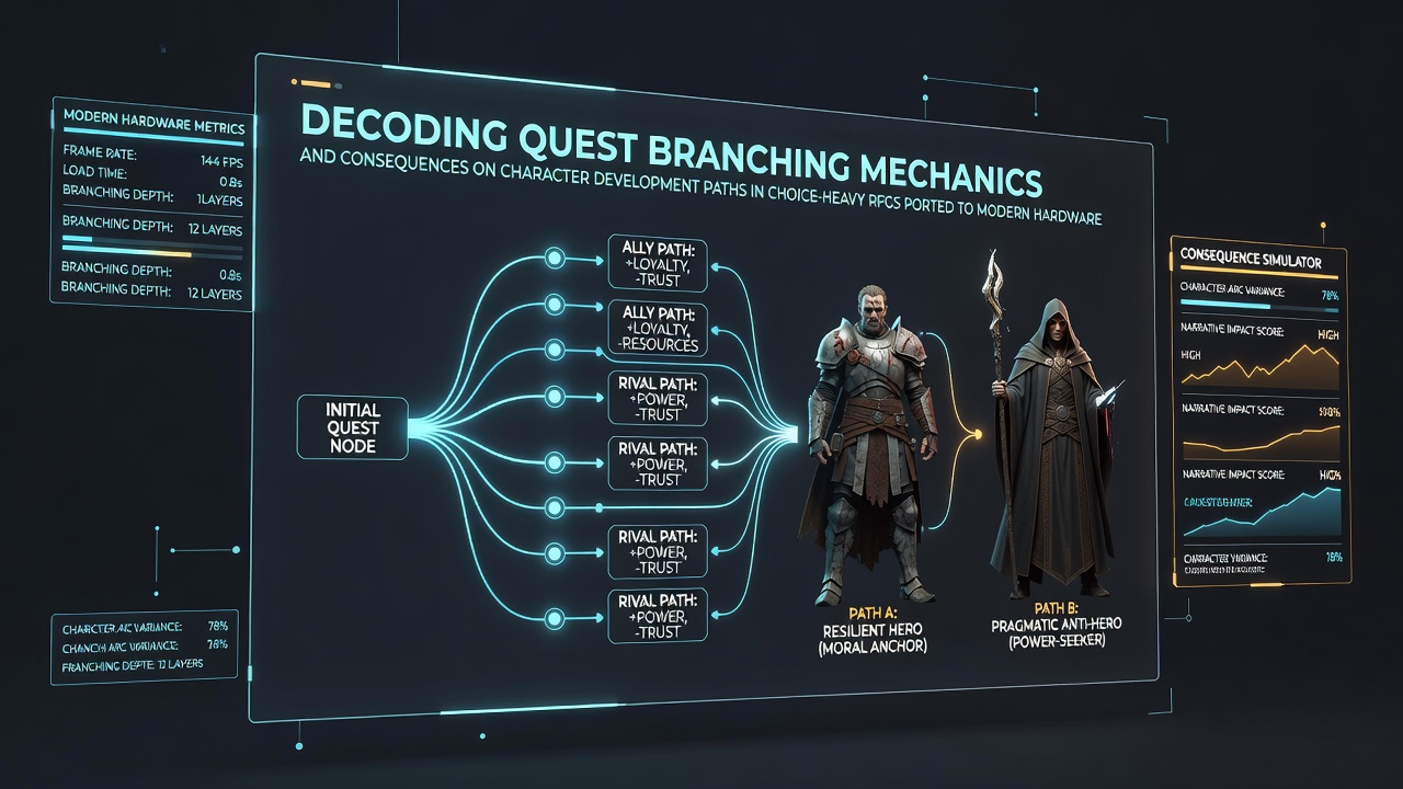 Illustration of quest branching paths and character development trees in modern RPG ports