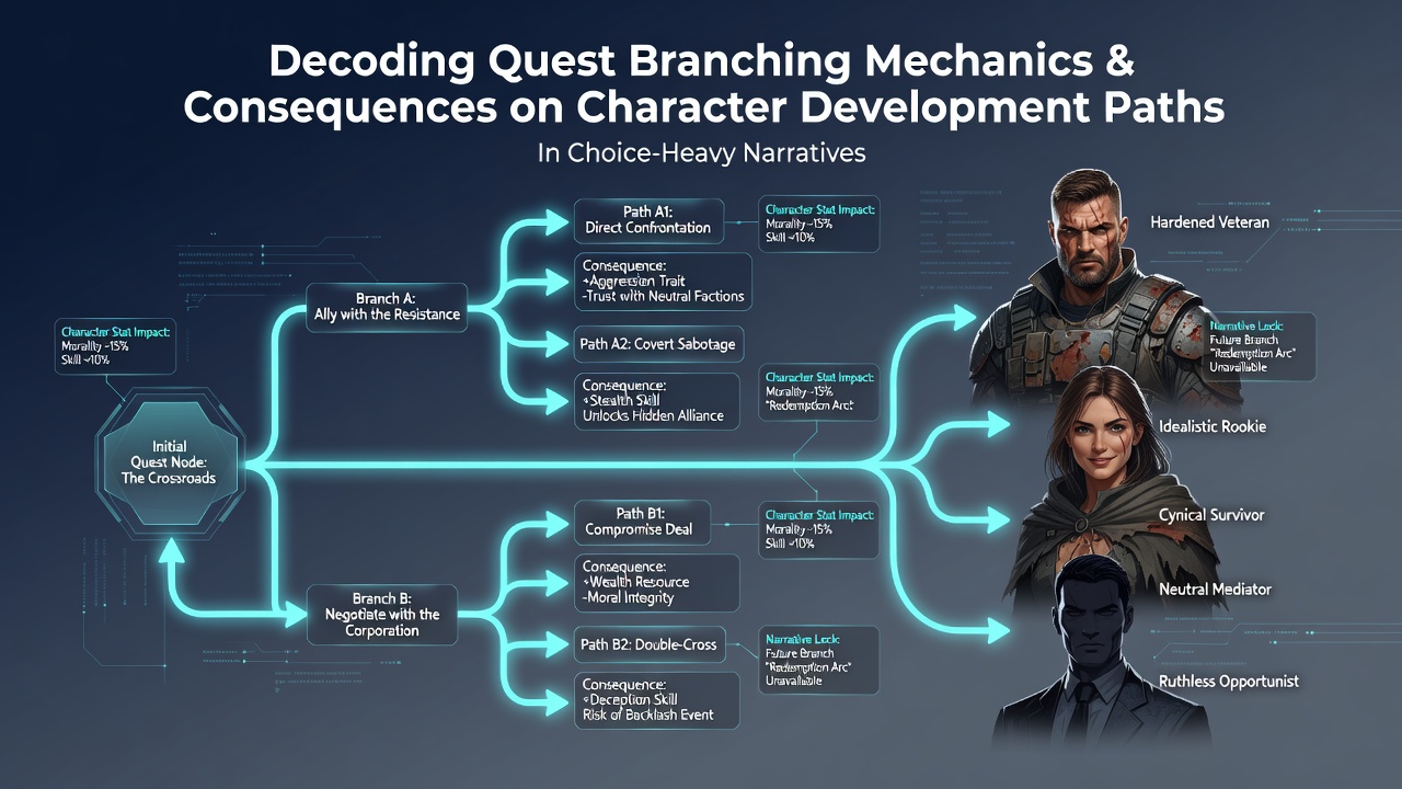 Diagram showing character stat changes resulting from different quest decision paths