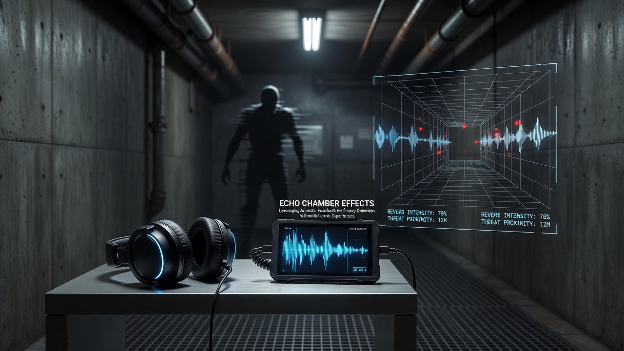Player character using headphones to analyze echo patterns for hidden enemy positions in a horror game setting