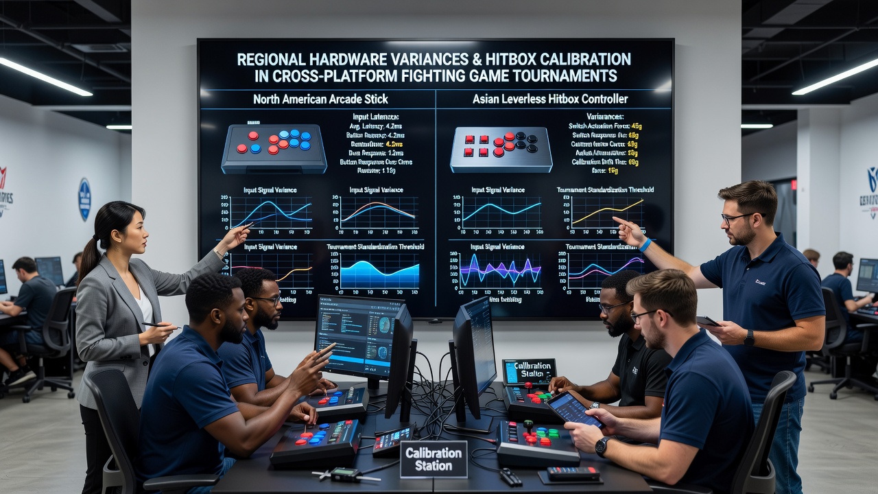 Regional hardware setups for fighting game tournament calibration stations showing display and console differences