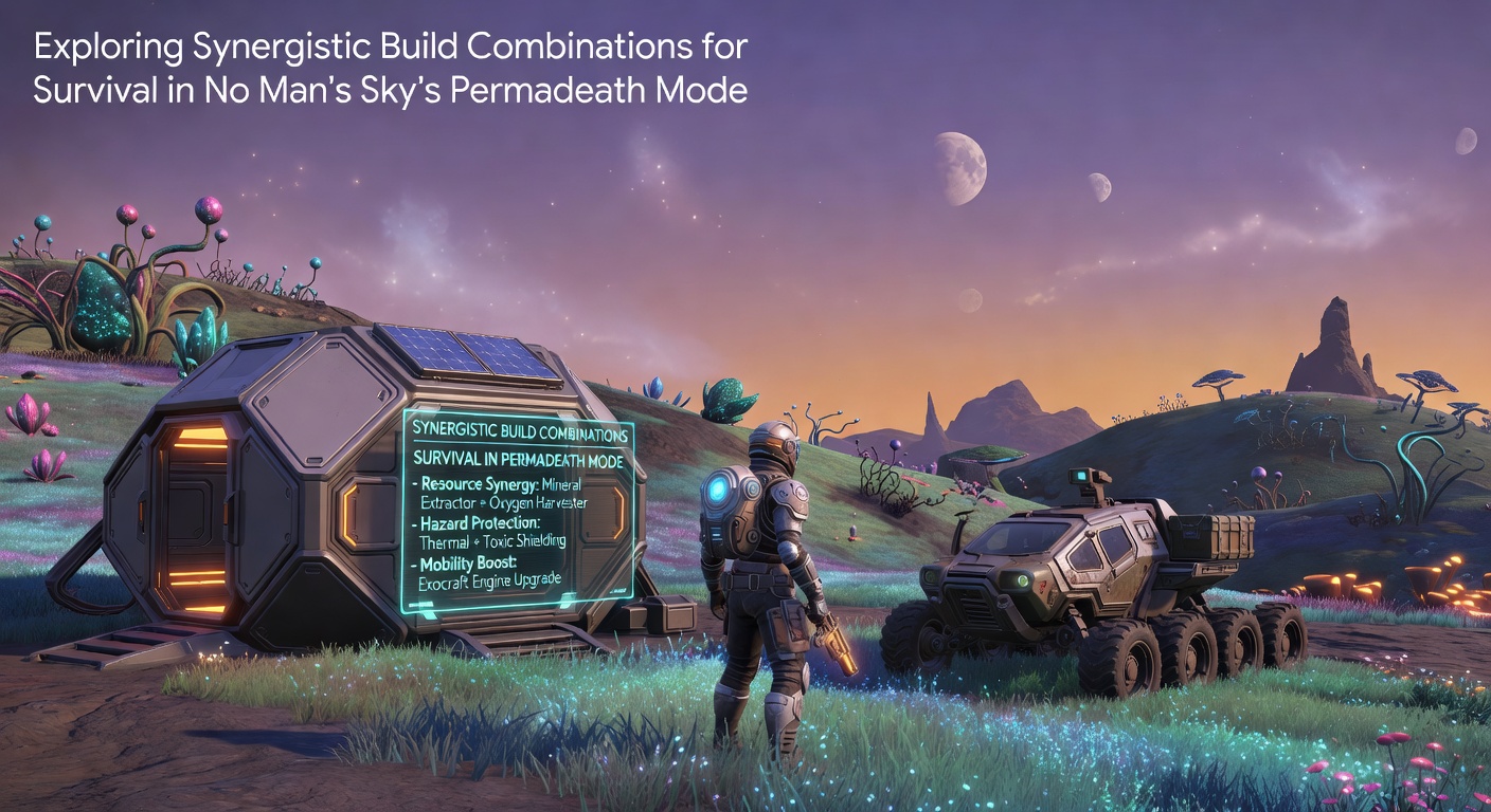Survivor navigating harsh planetary conditions in No Man's Sky Permadeath mode with optimized exosuit and multi-tool setup