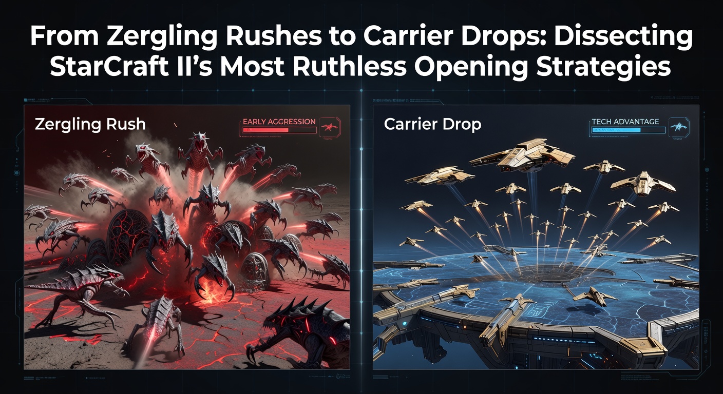 A swarm of Zerglings bursting through an early Terran wall in StarCraft II, capturing the chaos of a classic rush