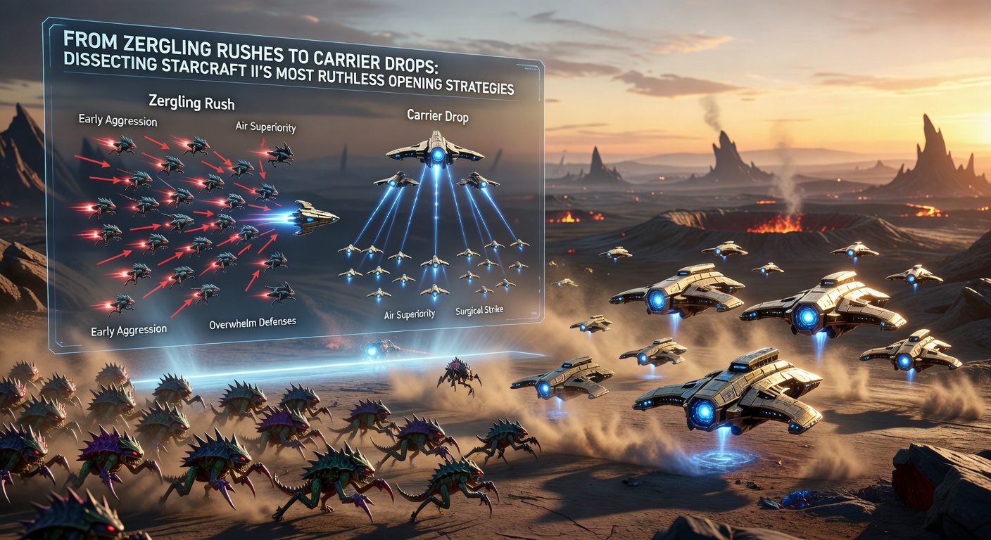 Protoss Carriers dropping interceptors on a Zerg expansion during a high-stakes pro match