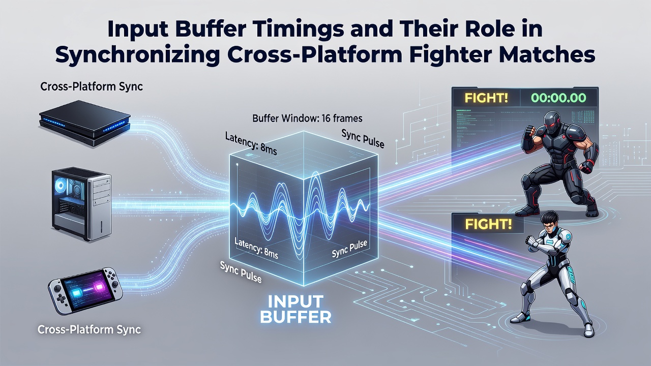 Network diagram illustrating input buffer usage across different gaming platforms during online fighter matches