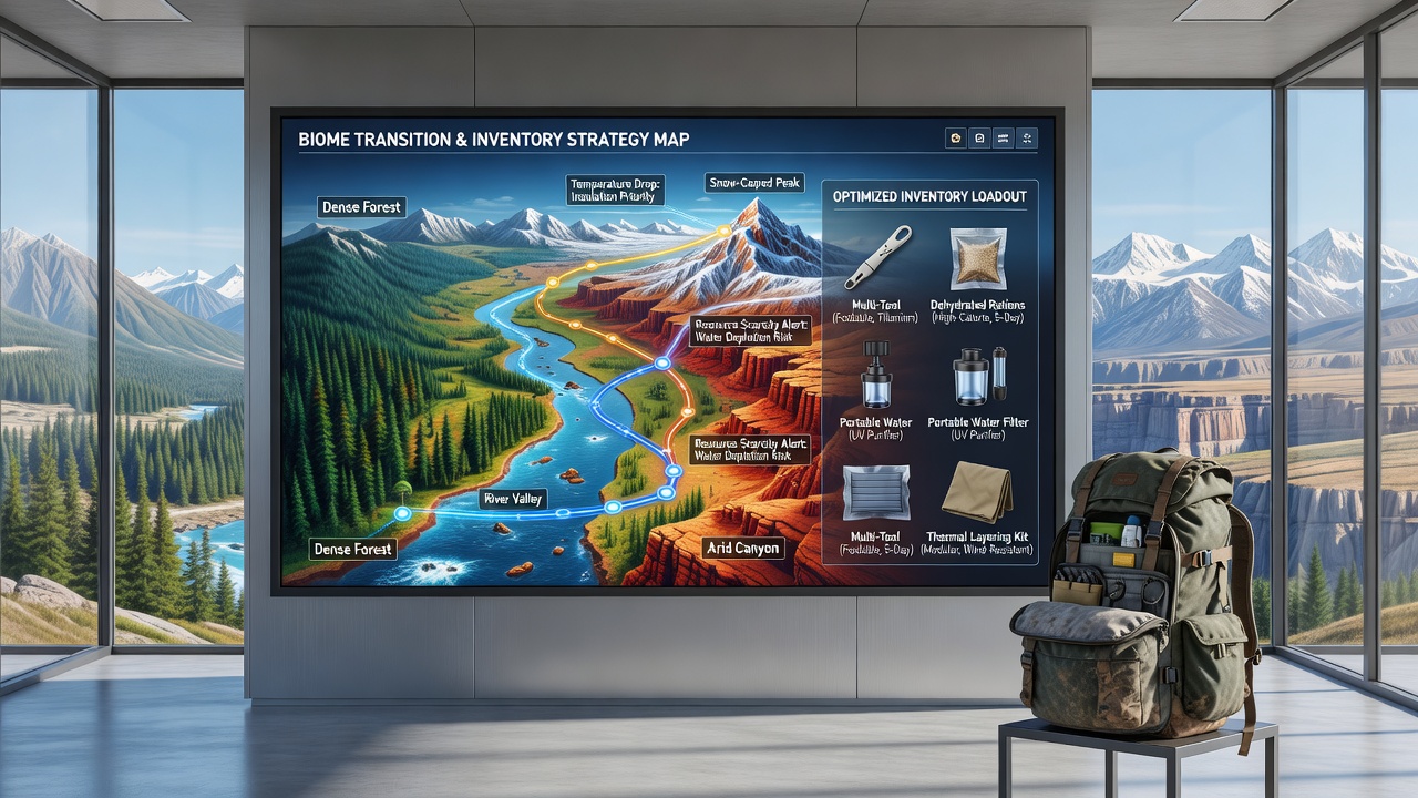 Detailed inventory screen showing item categories reorganized for a shift from snowy highlands to coastal wetlands in an open-world survival title