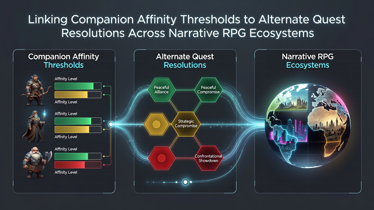 Diagram illustrating companion affinity thresholds and branching quest paths in narrative RPG systems