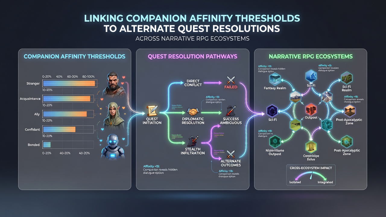 Screenshot example showing companion dialogue variations triggered by affinity thresholds in an RPG environment