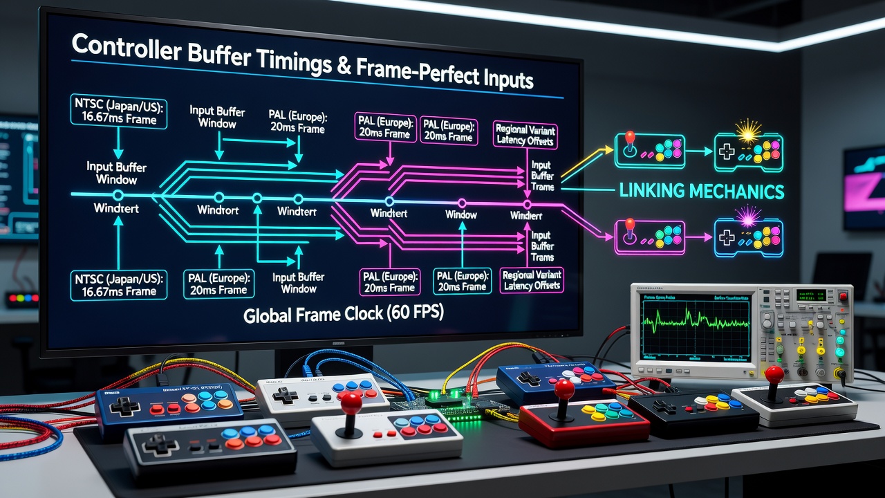 Diagram showing controller buffer timing comparisons between NTSC and PAL hardware variants in classic fighting games
