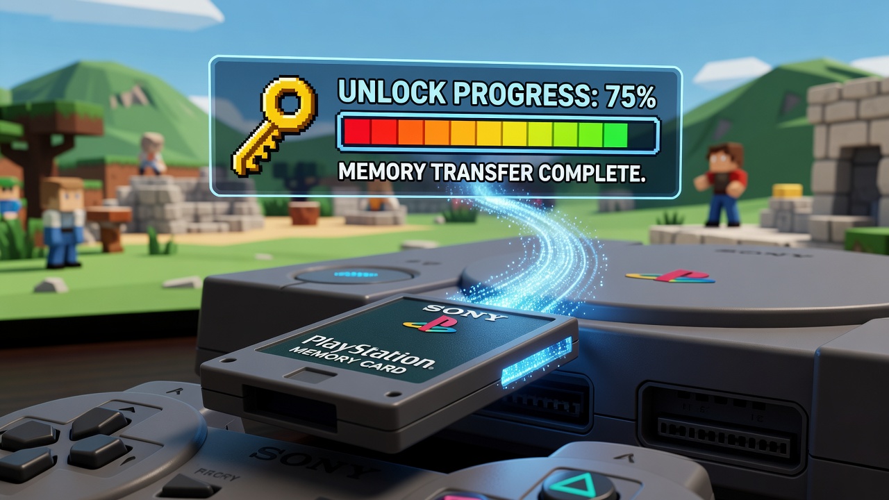 PlayStation memory card inserted into a console showing save data icons for early 3D adventure titles