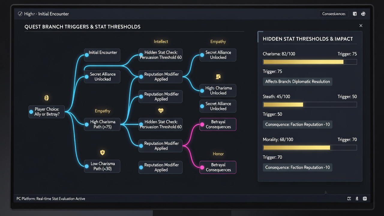 In-game dialogue tree with branching options tied to unseen character attributes