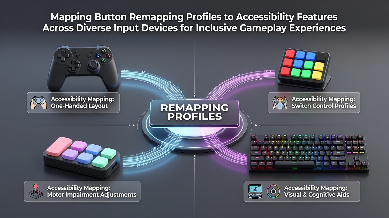 Diverse gaming input devices including adaptive controllers, keyboards, and switches arranged for accessibility testing