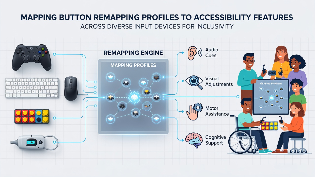 Close-up of accessibility settings screen showing button remapping profiles synced across multiple input devices