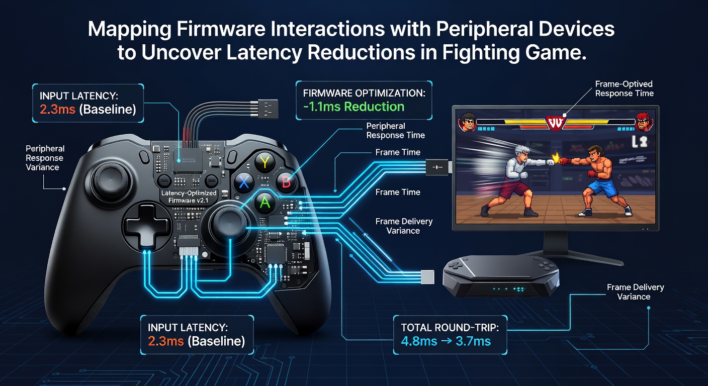 Graph illustrating measured latency reductions after firmware adjustments in fighting game peripherals
