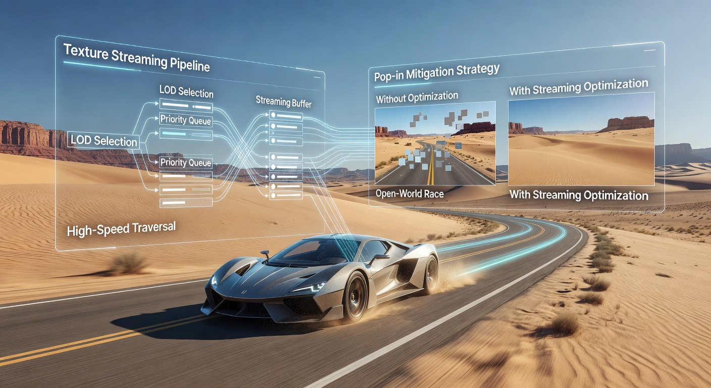 Heatmap overlay of texture cache misses along a high-speed racing route in an open-world environment