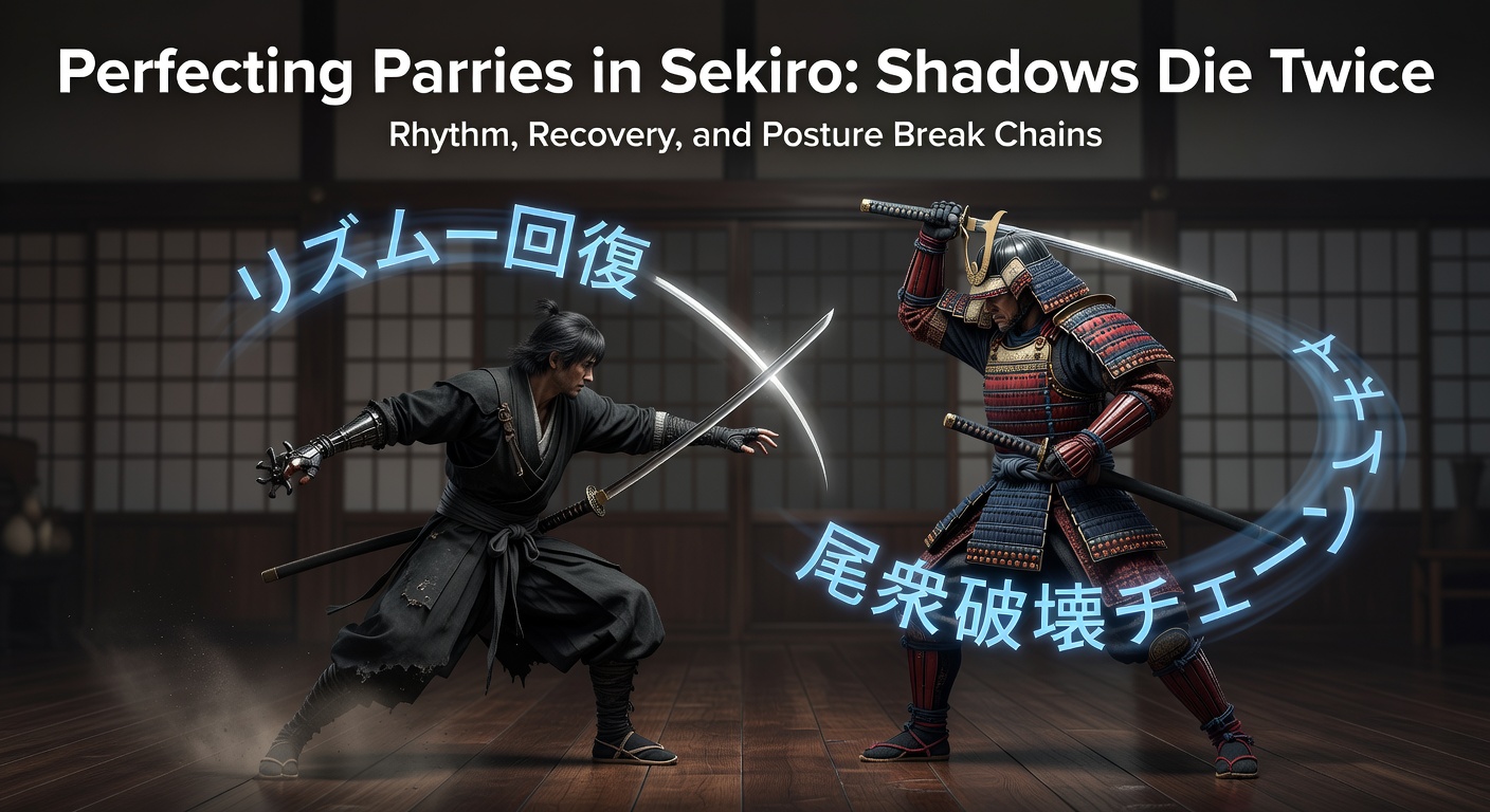 A close-up frame of a perfectly timed deflect against Genichiro in Sekiro, sparks flying as the blade clashes mid-swing