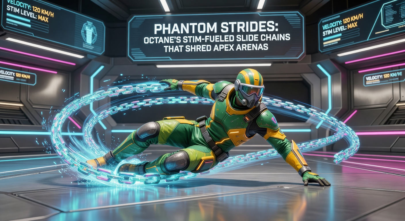 Close-up of Octane mid-stim slide chain, jump pad deployed nearby on a fragmented arena floor, enemies scrambling in the background