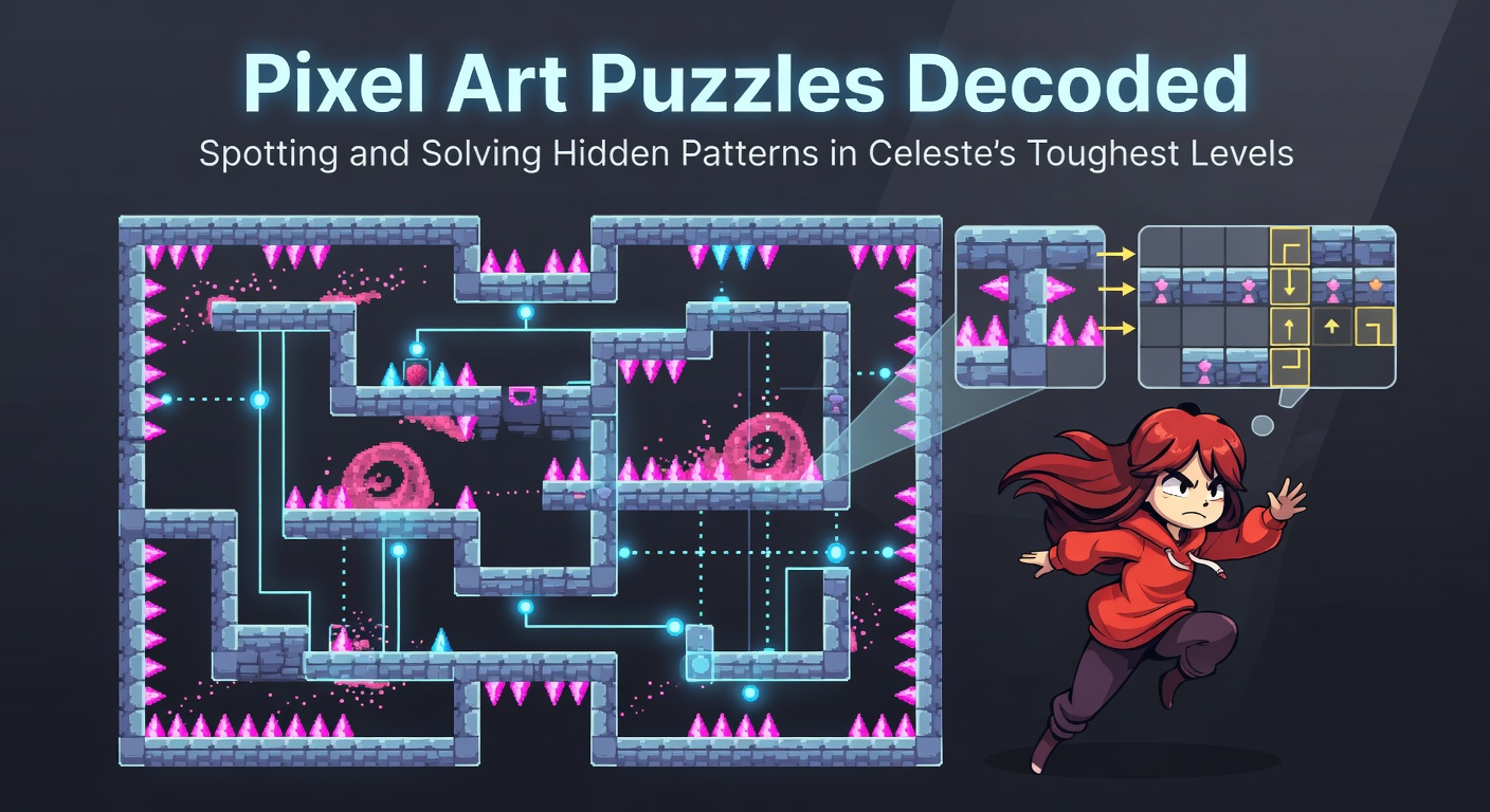 Close-up of intricate pixel art in Celeste's Farewell chapter, revealing subtle geometric patterns amid spikes and platforms