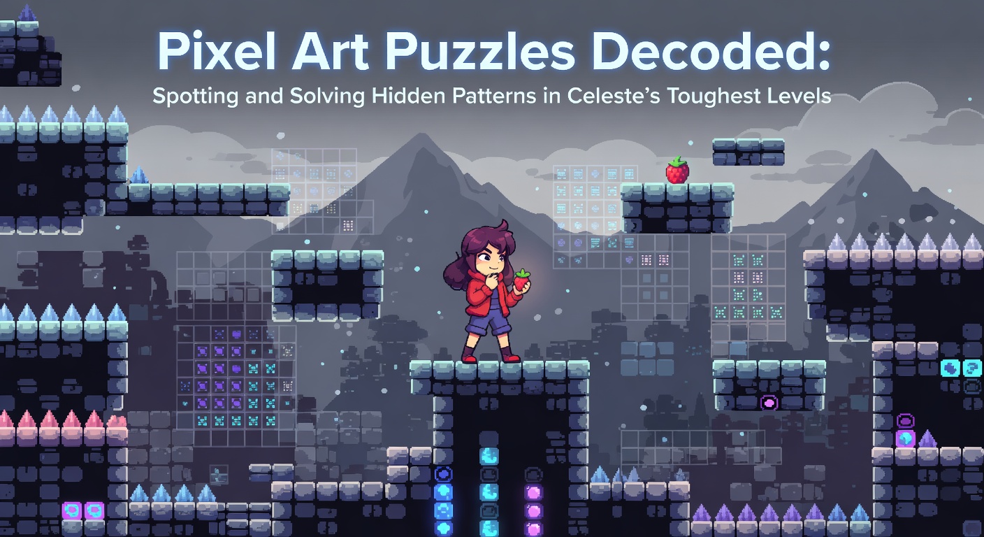Screenshot from Celeste's Summit B-Side, highlighting aligned pixel patterns that guide precise platforming sequences