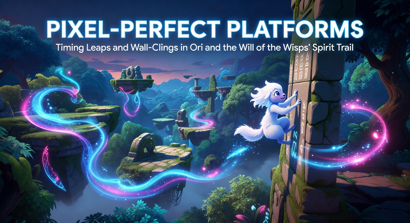 Close-up of Ori executing a wall-cling into a timed leap amid glowing spirit wisps