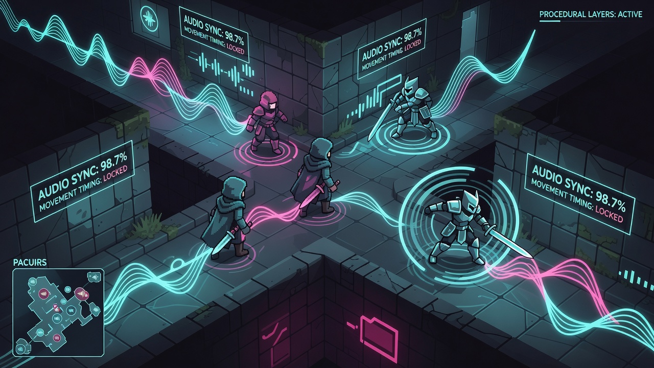 Close-up diagram showing real-time audio layer transitions tied to character movement vectors inside a generated dungeon corridor
