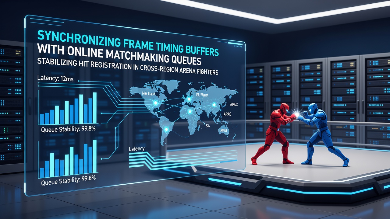 Diagram showing frame timing buffer synchronization with matchmaking queues in fighting games