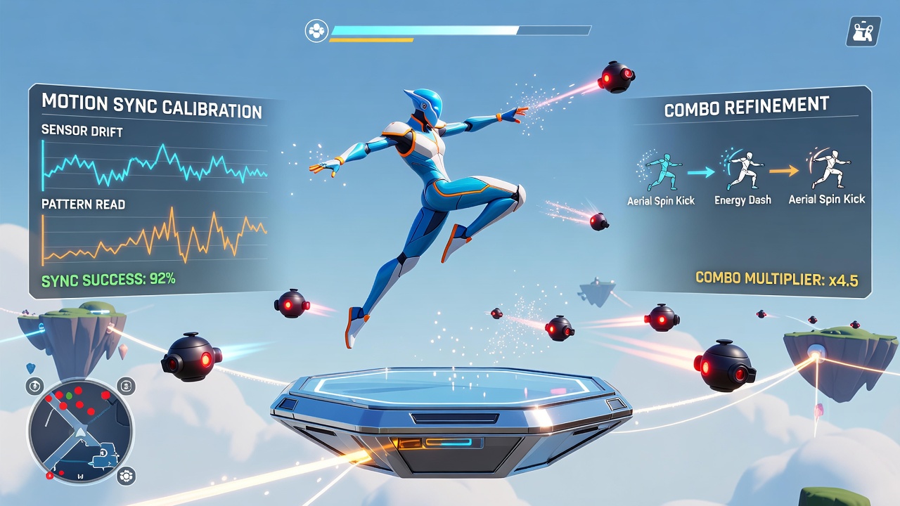 Close-up of legacy controller motion sensors paired with on-screen enemy pattern timeline during an aerial combo sequence