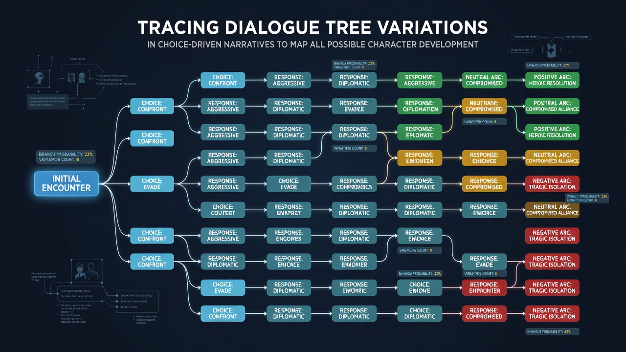 Visualization of character development arcs plotted from thousands of dialogue tree simulations