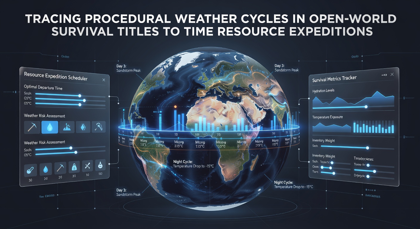 Procedural weather patterns visualized in an open-world survival environment with storm fronts and resource nodes