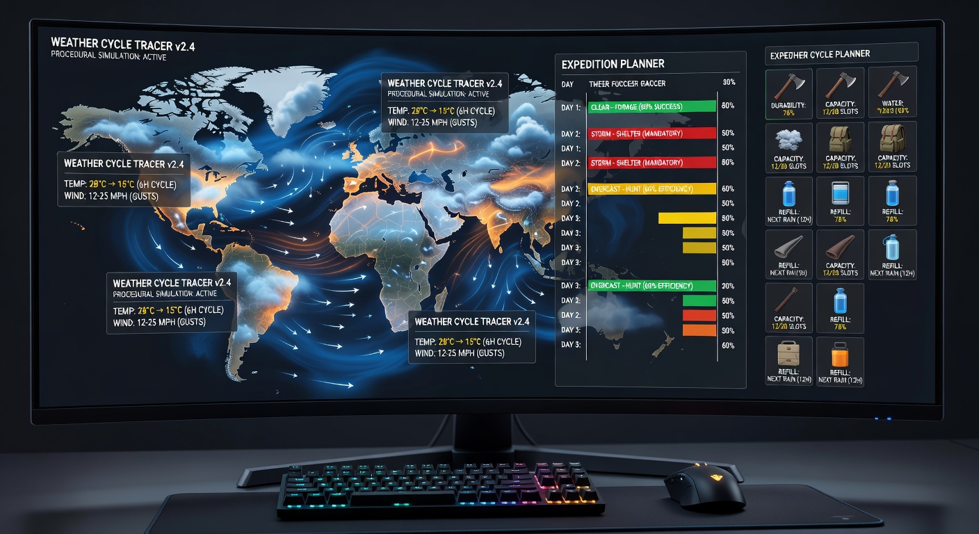 Player character preparing an expedition route under shifting cloud cover in a survival game landscape