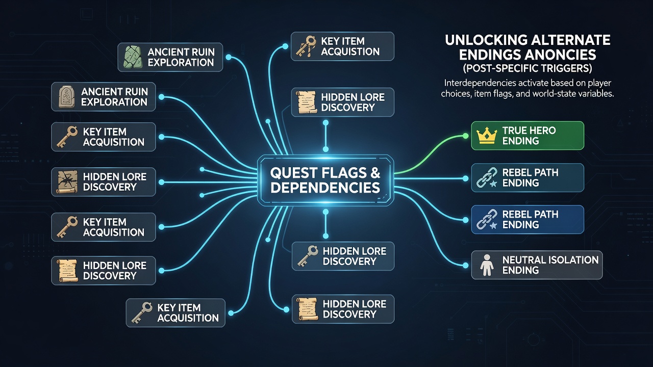 Flowchart illustrating NPC dialogue branches and resulting quest flag states that determine alternate game endings