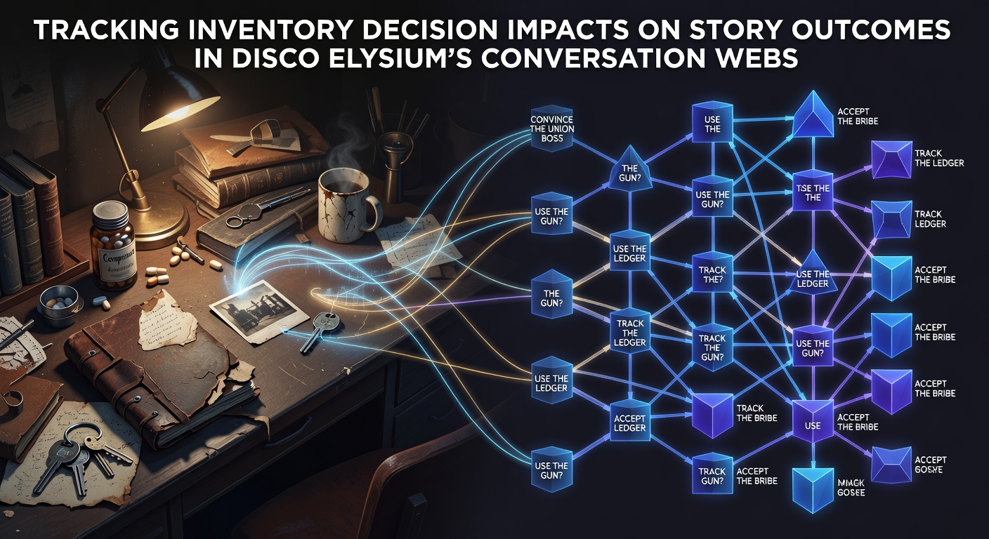 Disco Elysium conversation web visualization showing inventory item connections to dialogue branches