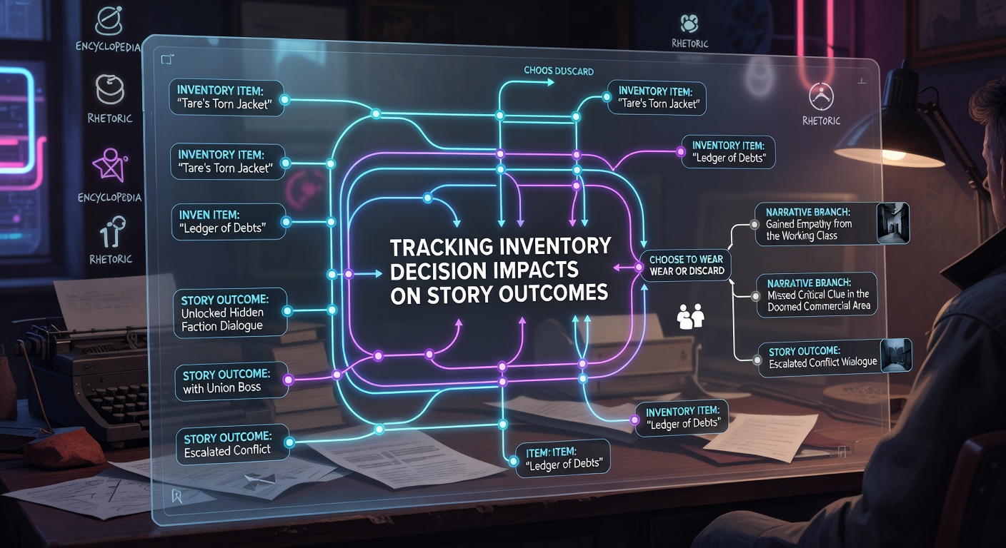 Flowchart diagram of inventory states altering conversation outcomes in Disco Elysium