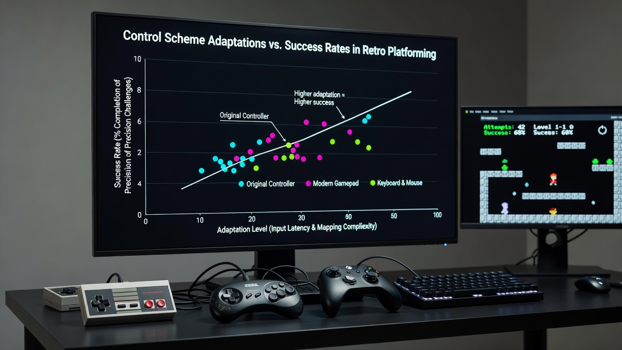 Retro emulator setup showing keyboard and gamepad controls side by side during a precision platforming session on an emulated 16-bit console title