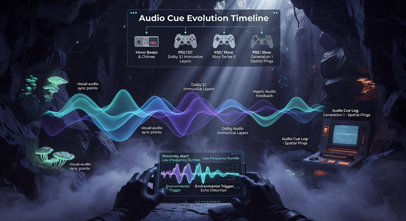 Atmospheric exploration game scene with layered audio elements visualized through console hardware evolution