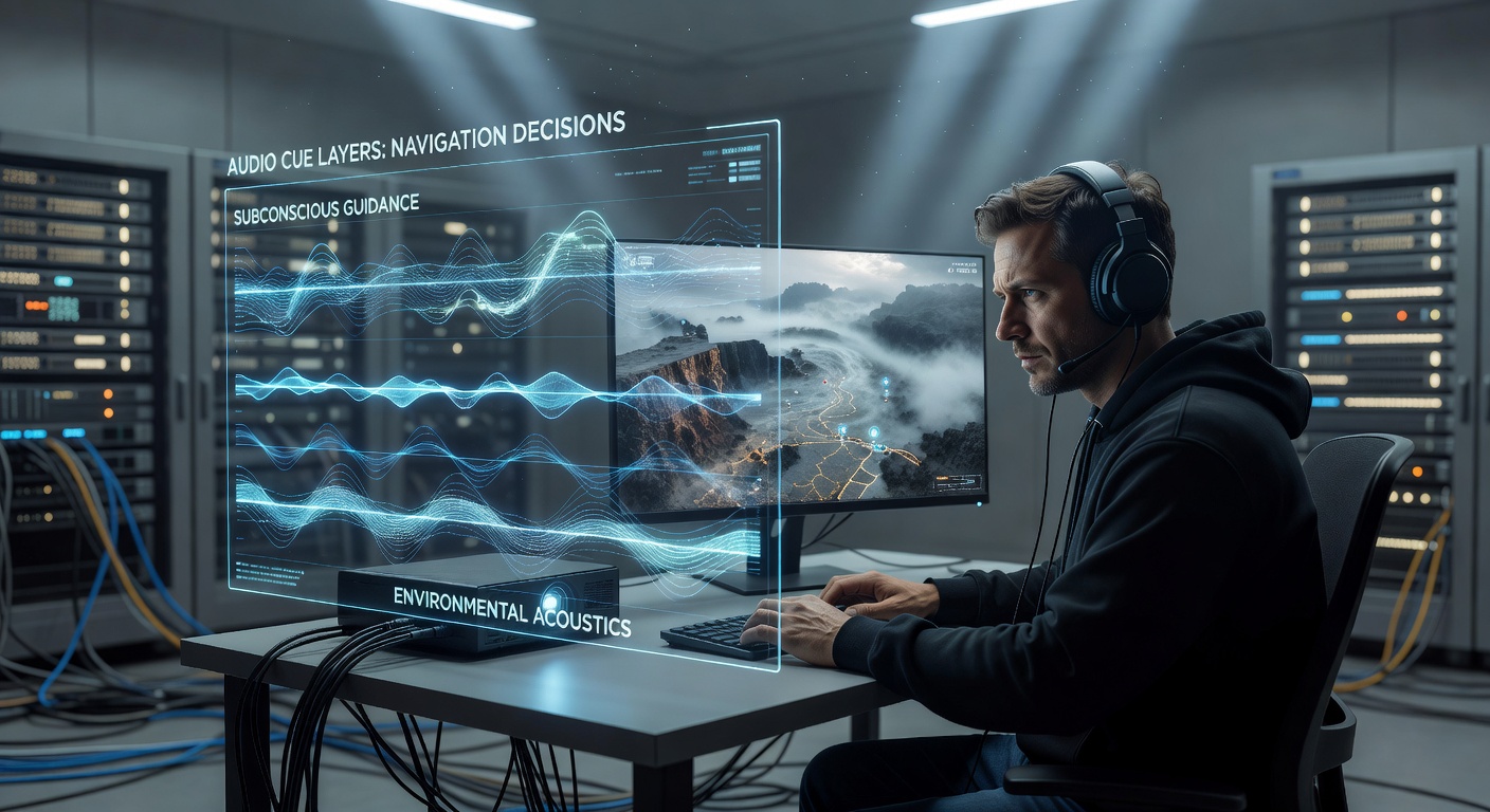 Close-up of audio waveform layers influencing player navigation in an exploration title