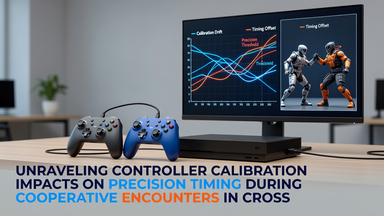 Split-screen cooperative platformer scene demonstrating synchronized player actions affected by controller calibration differences